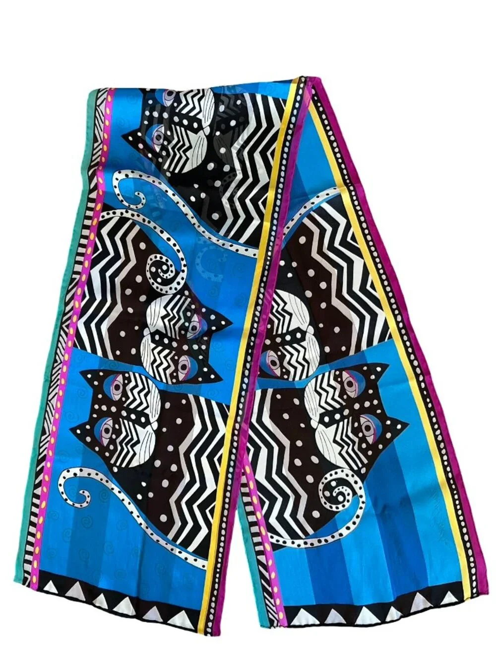 Laurel Burch 100% Silk Rectangular Long Scarf Black White Cats Art